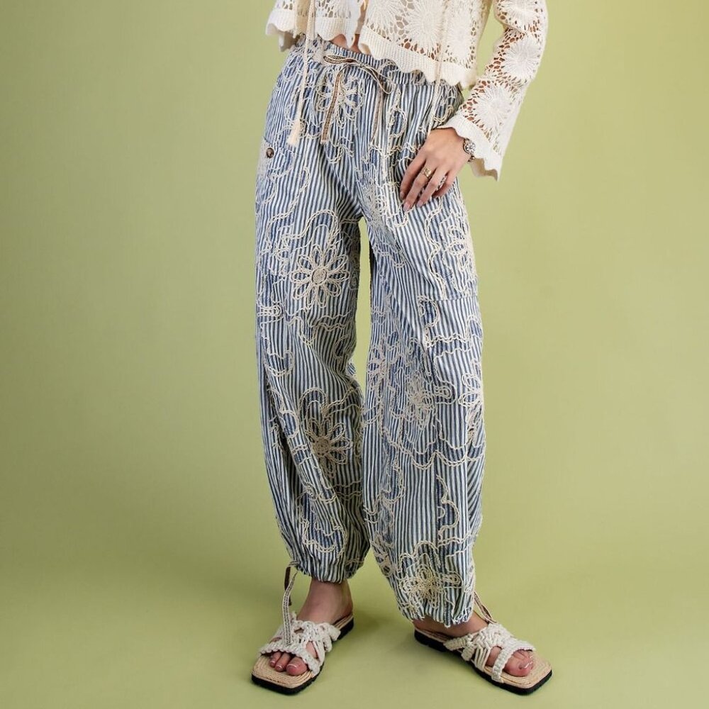 E20 EASEL EMBROIDERY STRIPED WOVEN PANTS IN DENIM BLUE